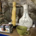 A mixed lot to include ornate enamel tin chest, blank de chine pierced vase & a hand carved green