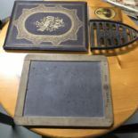 A mixed lot to include; 'Bee Brand' school slate board, Mauchline ware Scottish keepsake book with