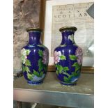 A Pair of Chinese floral and bird design cloisonne vases.