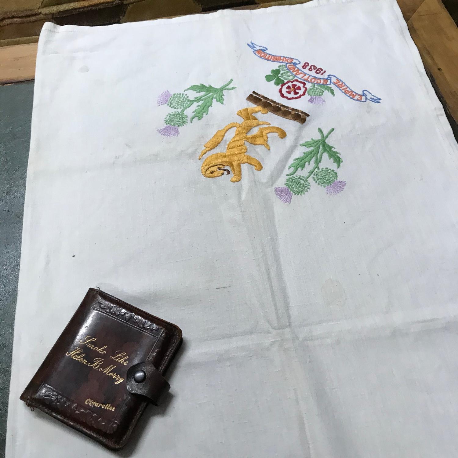 A 1938 Empire Scotland Exhibition table cloth, Cigarette case and Royal Winton gold plated porcelain - Image 3 of 5