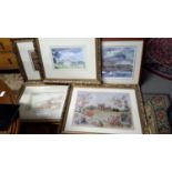 A Collection of Prints and watercolour of castles along with fishing village in fine gilt Frames.