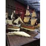 A lot of two galleon ship models & two sailing boat models