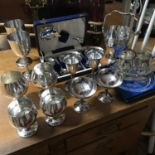 A Lot of silver plated goblets, ice bucket, tongs & desert spoon set.