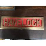 H.M.S. Havelock heavy brass plaque scrapped in 1927. Measures 12.5x39.5cm
