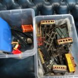 A Collection of Hornby Meccano tin plate 0 Gauge train track, wagons, carriages, signals and 00