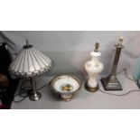 A Corinthian column table lamp, an opalescent table lamp with raised relief floral design, a Versace
