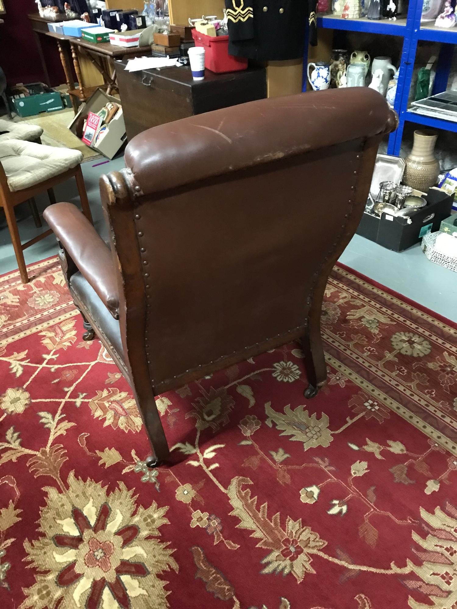 A stylish and rustic Victorian library arm chair, upholstered with brown leather and stud finish - Image 3 of 3