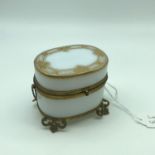 Antique Moser style white glass casket. Designed with Ormolu gilt trims and intricate gilt design