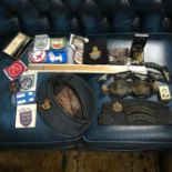 A Collection of Military R.A.F Memorabilia which includes Flying goggles, R.A.F Brown leather pouch,
