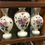 3 Victorian hand painted, floral design vases