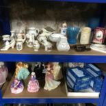 2 shelves of collectable porcelain & glass to include Royal Doulton figurines, crested ware,