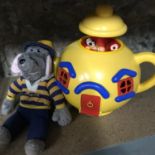 A Vintage Roland Rat plush teddy together with vintage yellow kettle house play set.