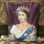 An original oil painting of Queen Elizabeth by artist Leslie S.G. Harries.