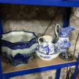 A mixed lot of blue & white ware to include Moore & Co Parroquet wash bowl & jug together with