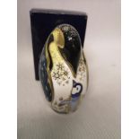 Royal Crown Derby Penguin & Chick paperweight with gold button and box