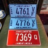 A Lot of three vintage car registration plates "Land of Lincoln Illinois" Dated 92 & 93.