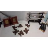 Two Wood Picture Bookends With Six Large Leafed Cast Iron Coat Hooks and a Display Stand with