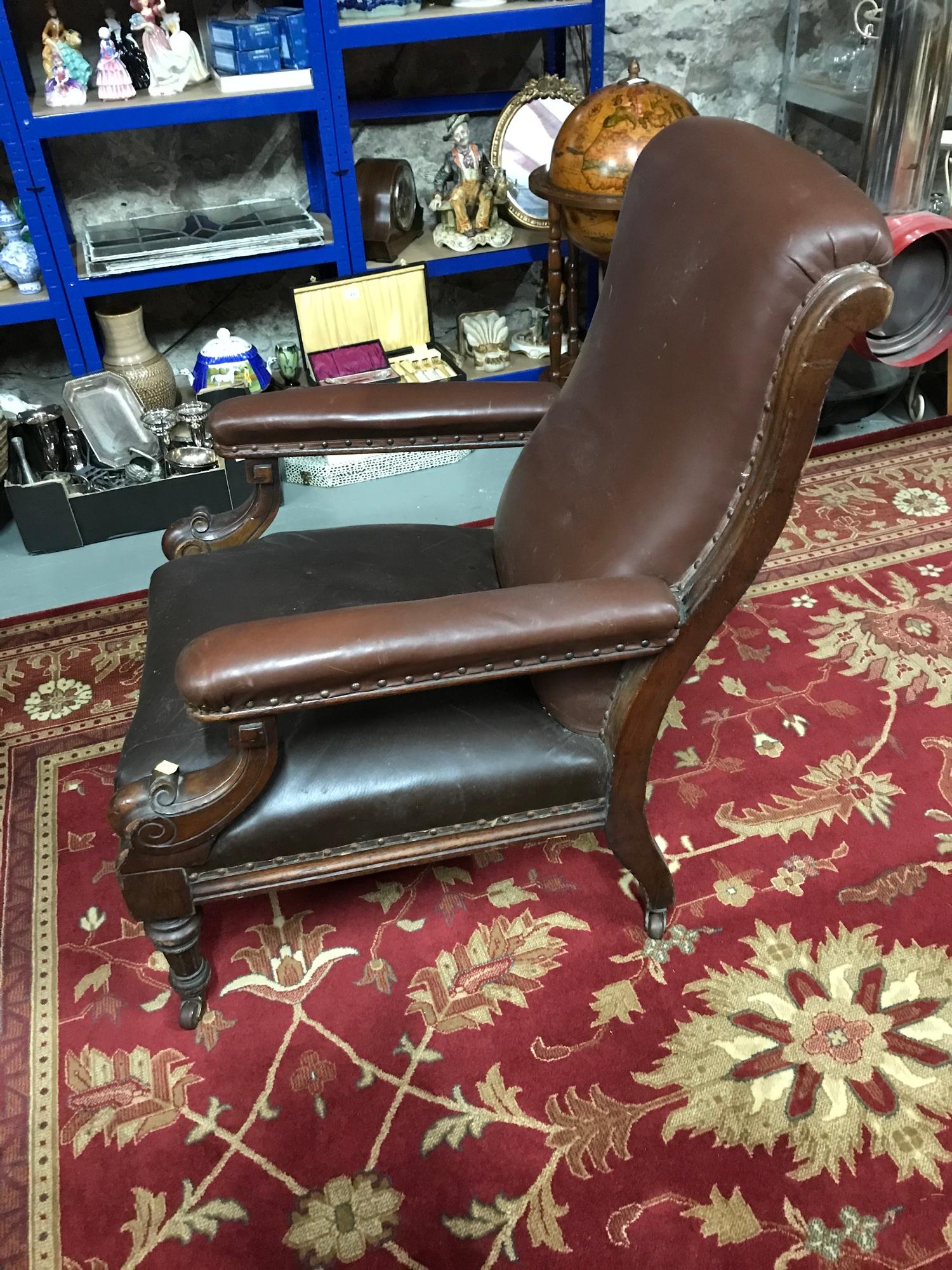 A stylish and rustic Victorian library arm chair, upholstered with brown leather and stud finish - Image 2 of 3