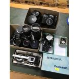 A Collection of camera lenses and camera, Includes Zenit 11 camera, Miranda, Minolta, Olympus ,