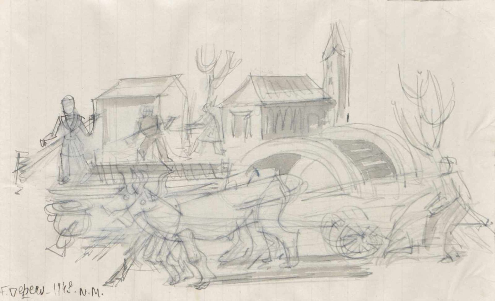 Fortunato Depero Bäuerliche Szene, 1948;Tusche auf Papier, 14 x 23 cm Signiert u. datiert
