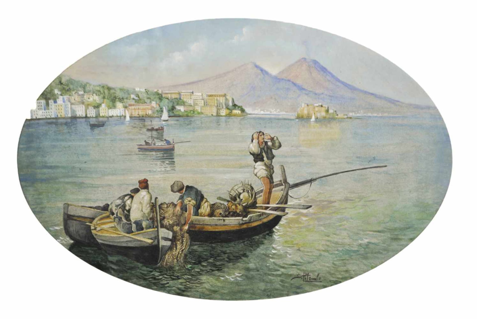 Salvatore Petruolo (Catanzaro 1857  Neapel/Napoli 1942)Fischer vor Vesuv;Aquarell, 31,3 x 48 cm