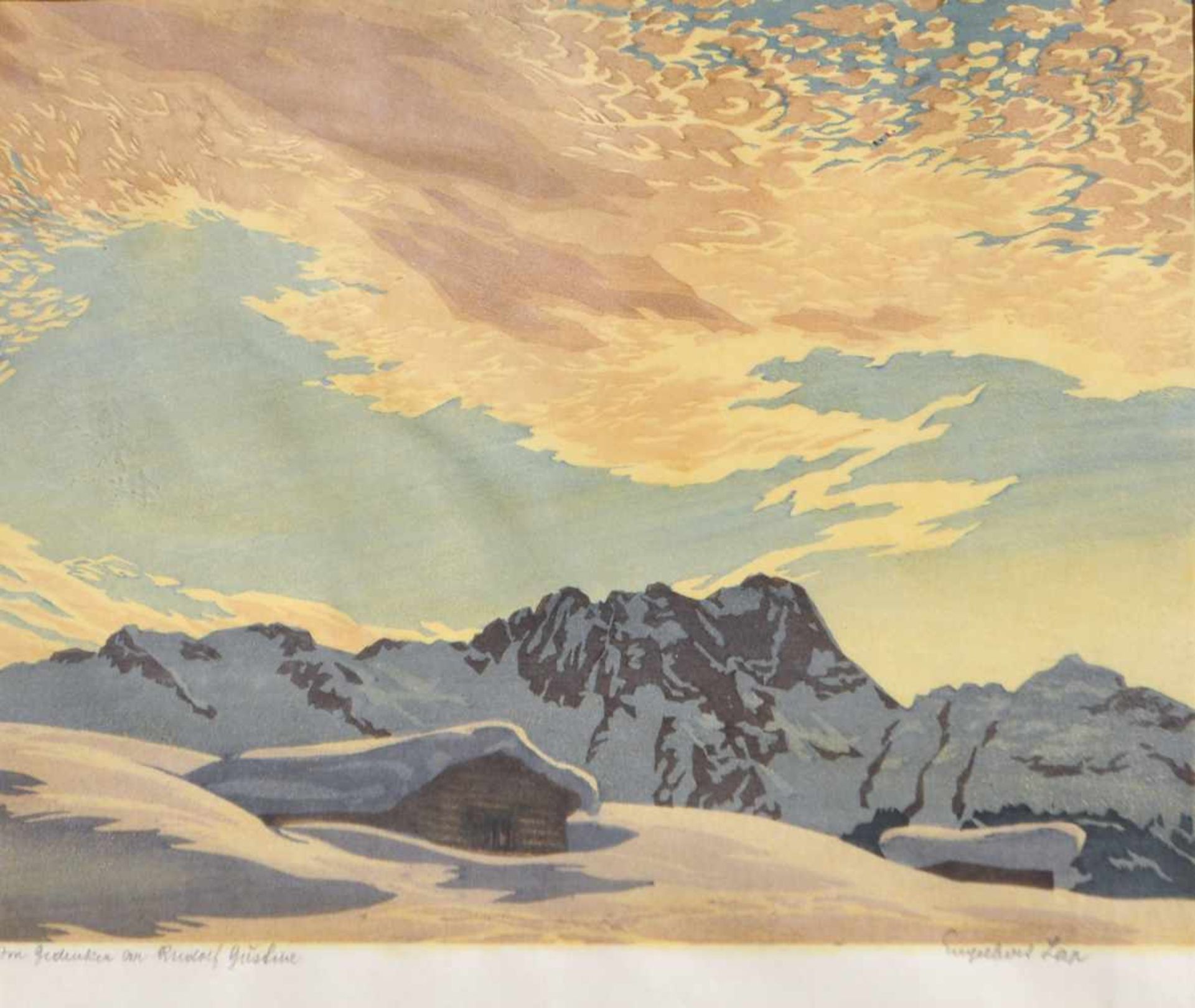 Ernst Lap (Graz 1886  Innsbruck 1970)Tiroler Winterlandschaft;Farbholzschnitt, 21,8 x 27,7 cm (