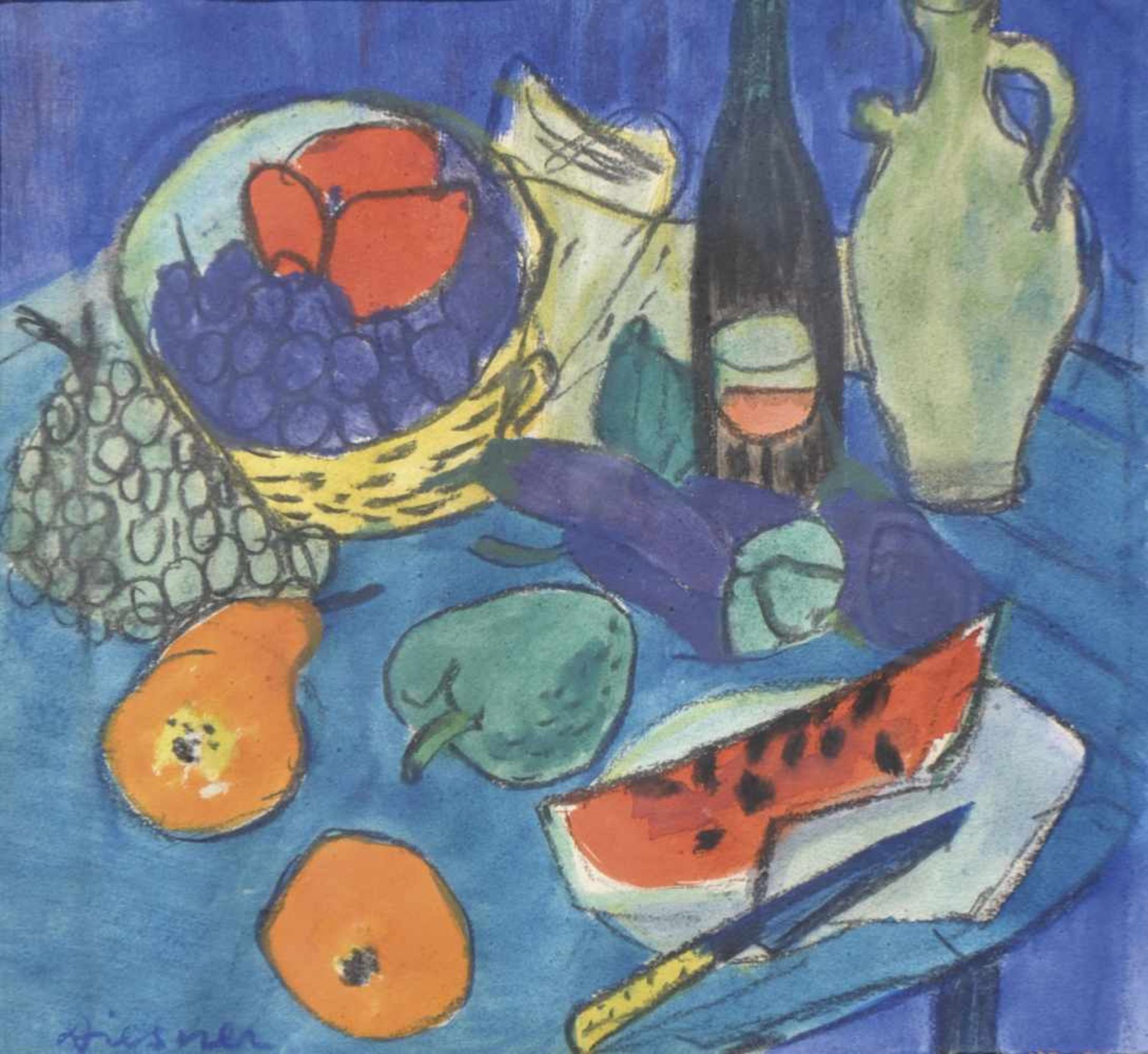 Gerhild Diesner (Innsbruck 1915  1995)Stillleben auf Blau, um 1960;Gouache, Kohle, 27 x 30,5 cm,