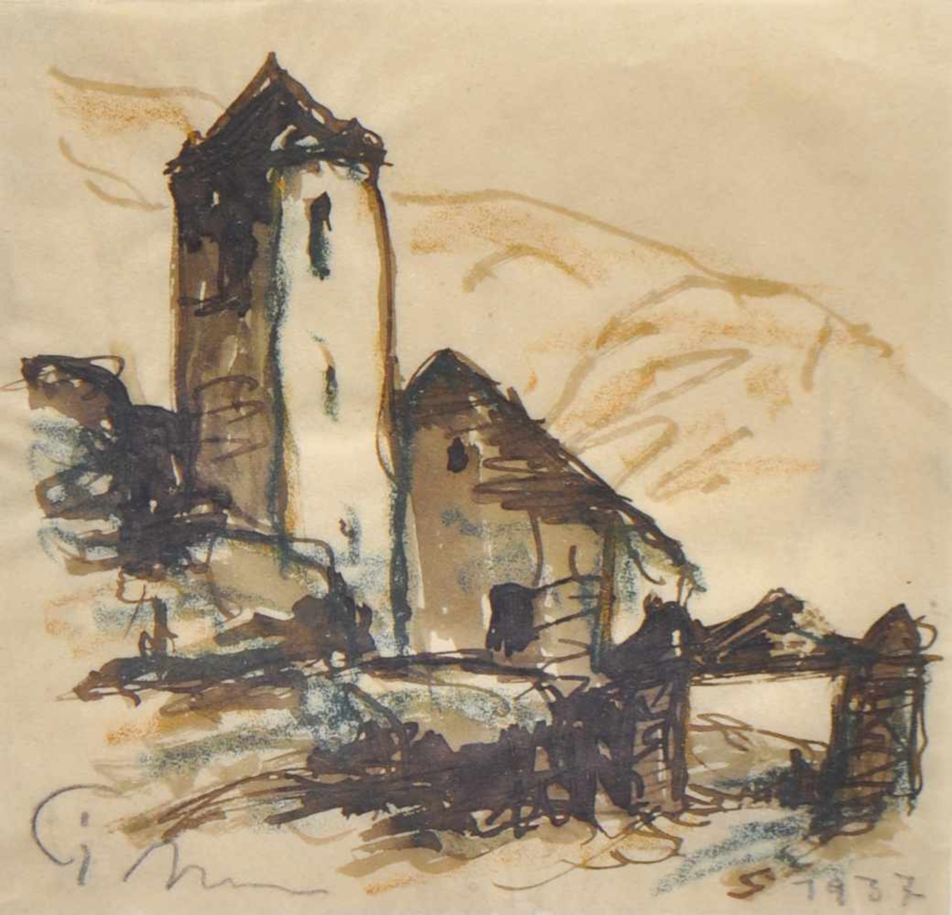 Josef Mahlknecht (Bozen/Bolzano 1886  Meran/Merano 1953)Kapelle im Vinschgau, 1937;Tusche,