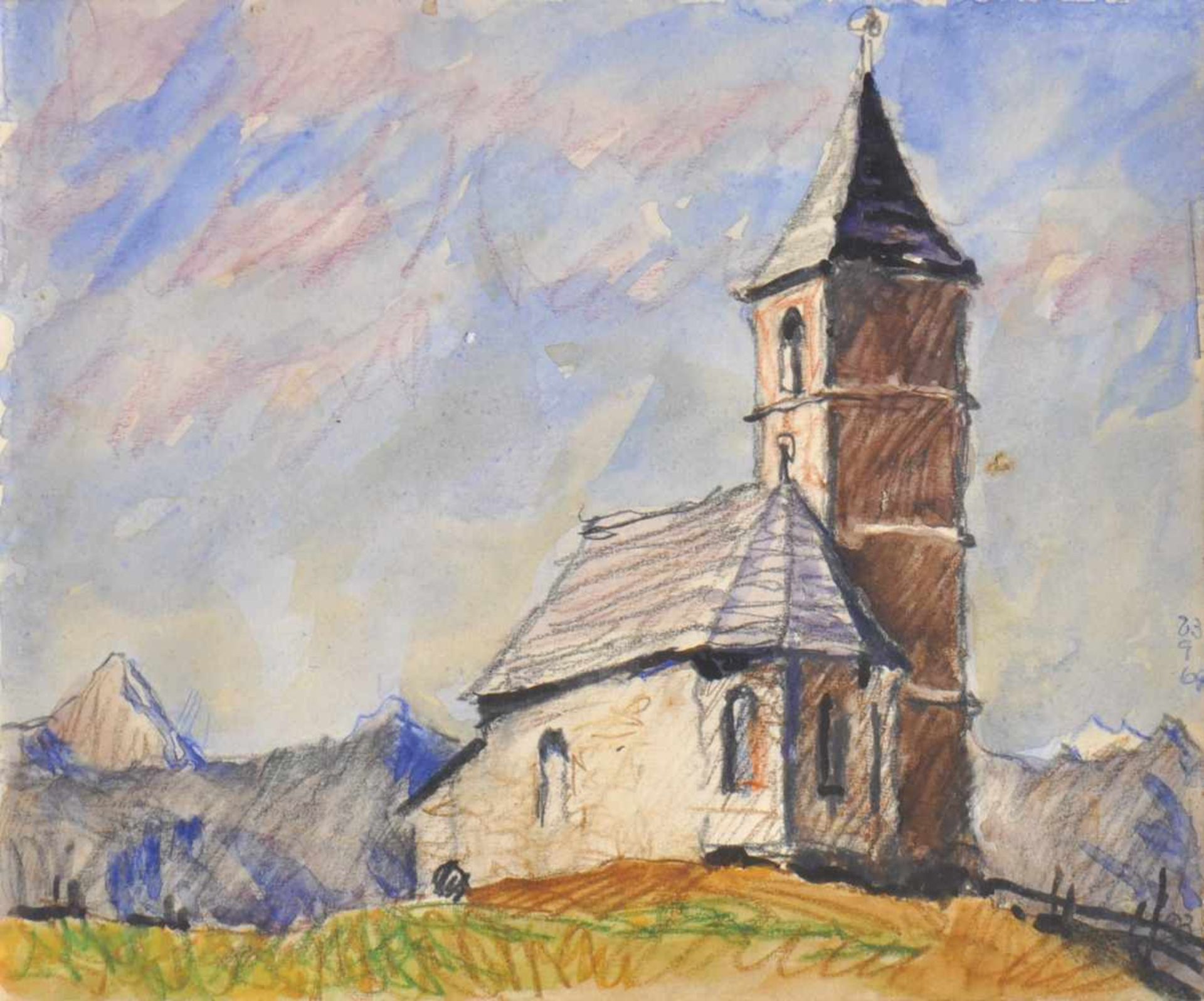 Josef Meng (Heideck 1887  Kufstein 1974)Kirchlein bei Kufstein, 1964;Aquarell, Buntstifte, 15,5 x