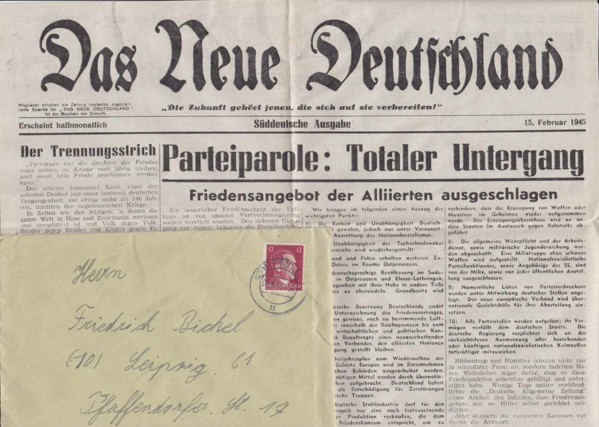 - US-amerikanische Kriegspostfälschung..., 1945;mit Aufruf zum Widerstand gegen Hitler, 9.4.1945