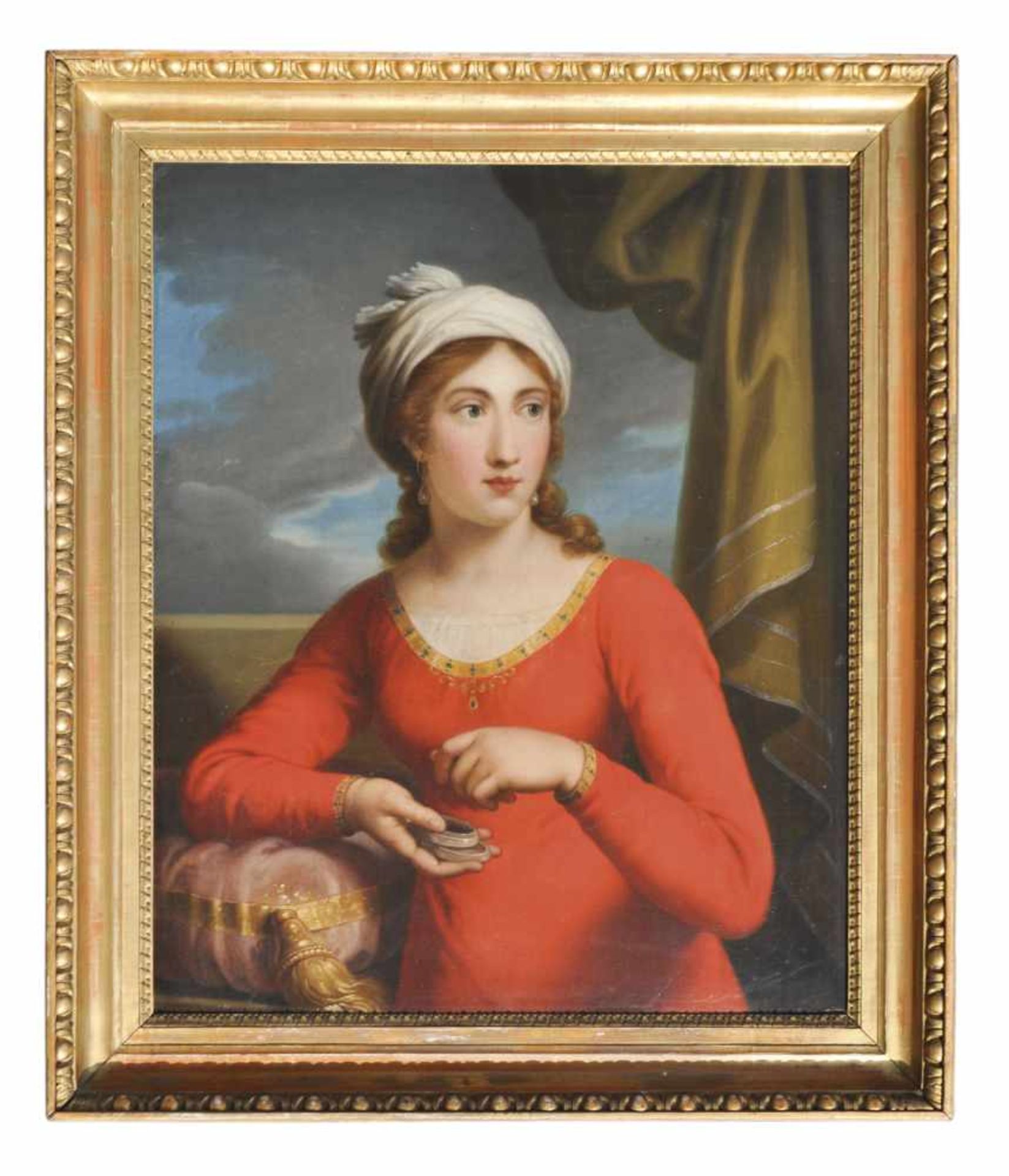 Maler des frühen 19. Jh./Pittore del primo 800 Dame mit Turban;Öl auf Leinwand, 72,5 x 58,5 cm,