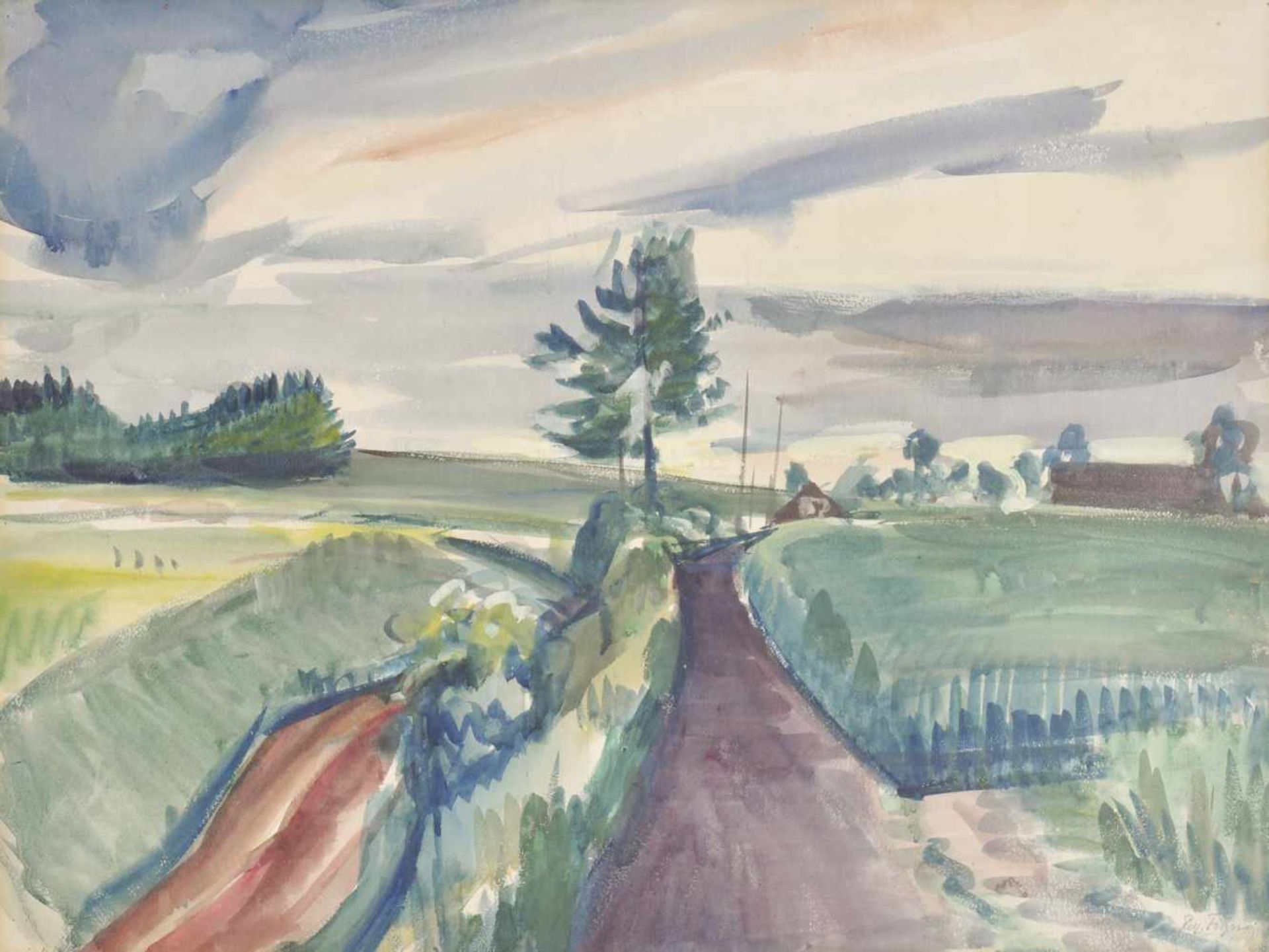 Emanuel Fohn (Klagenfurt 1881  Bozen/Bolzano 1966)Landschaft in Frankreich;Gouache, 48,7 x 62,8 cm,