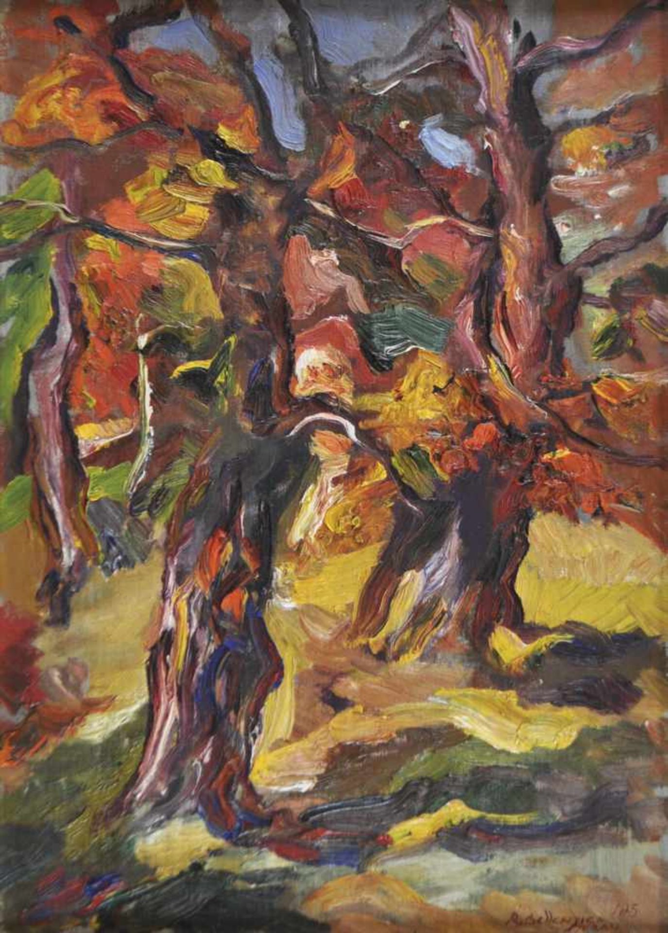 Rudolf Bellenzier (Tötschling, Brixen/Bressanone 1922  Meran/Merano)Bäume, 1975;Öl auf Karton, 53,5