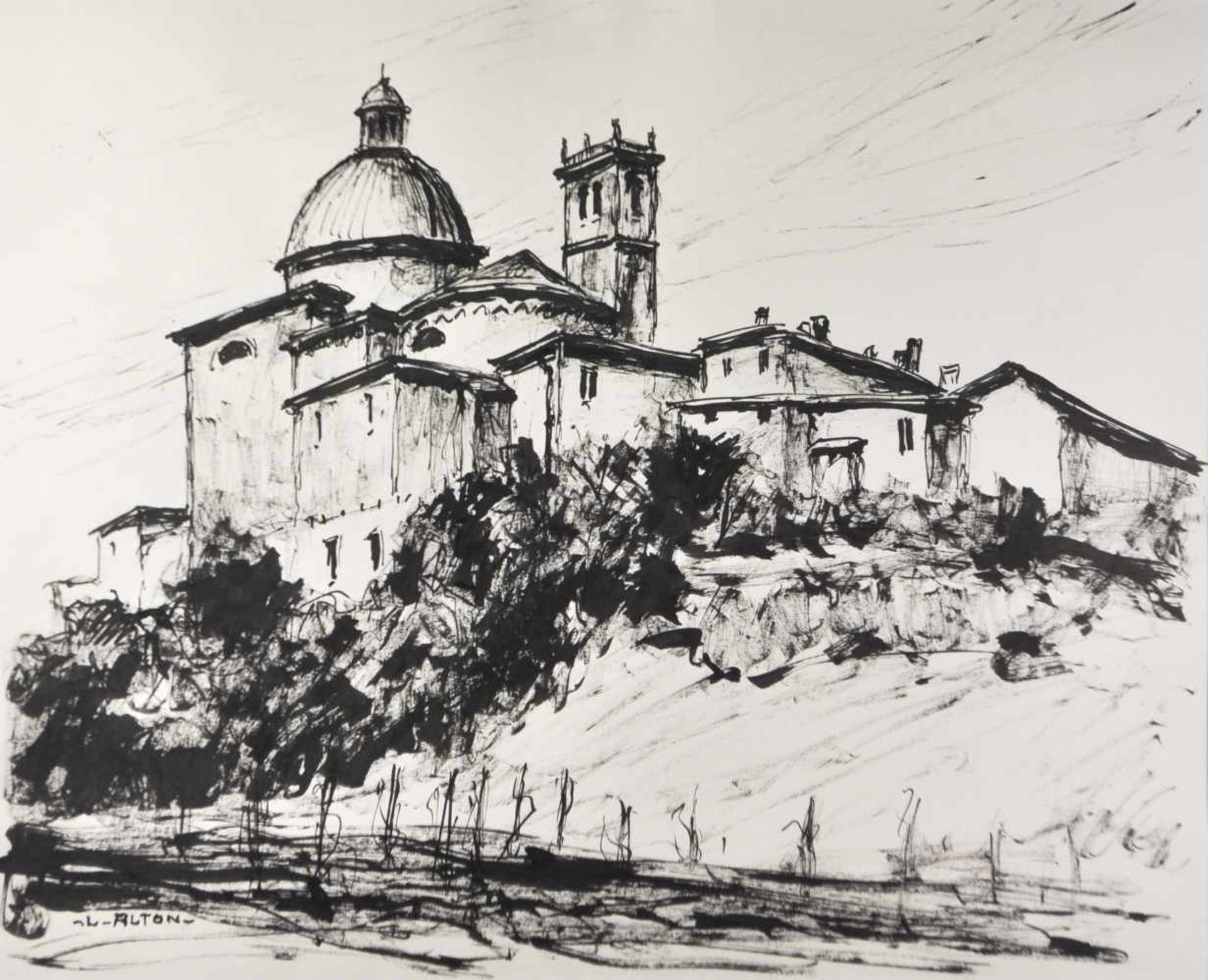 Lois Alton (Krumau 1894  Innsbruck 1972)Kirche in Italien;Tusche auf Papier, 48 x 57,8 cm,