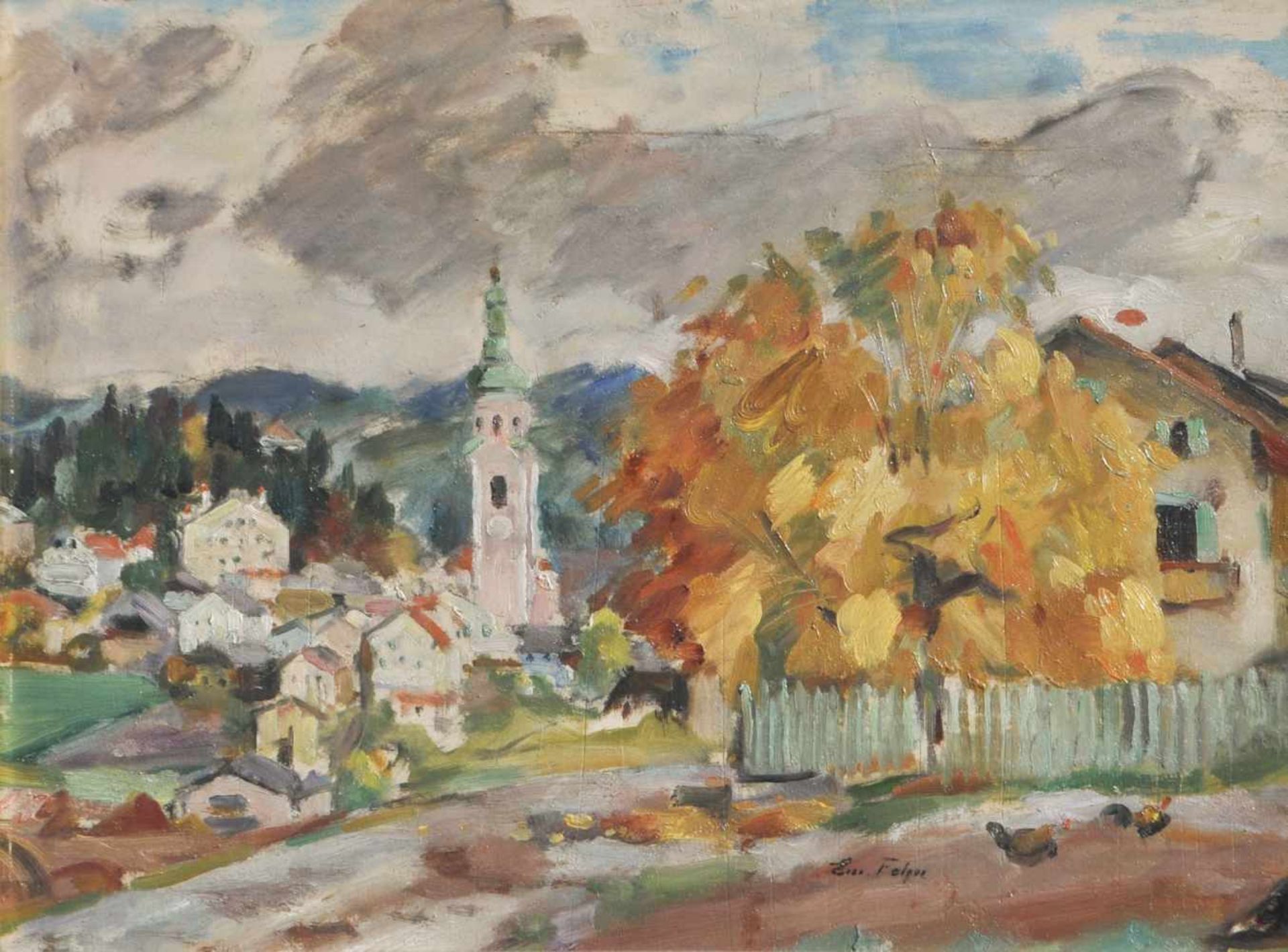 Emanuel Fohn (Klagenfurt 1881  Bozen/Bolzano 1966)Kastelruth, um 1950;Öl auf Karton, 37 x 49,5