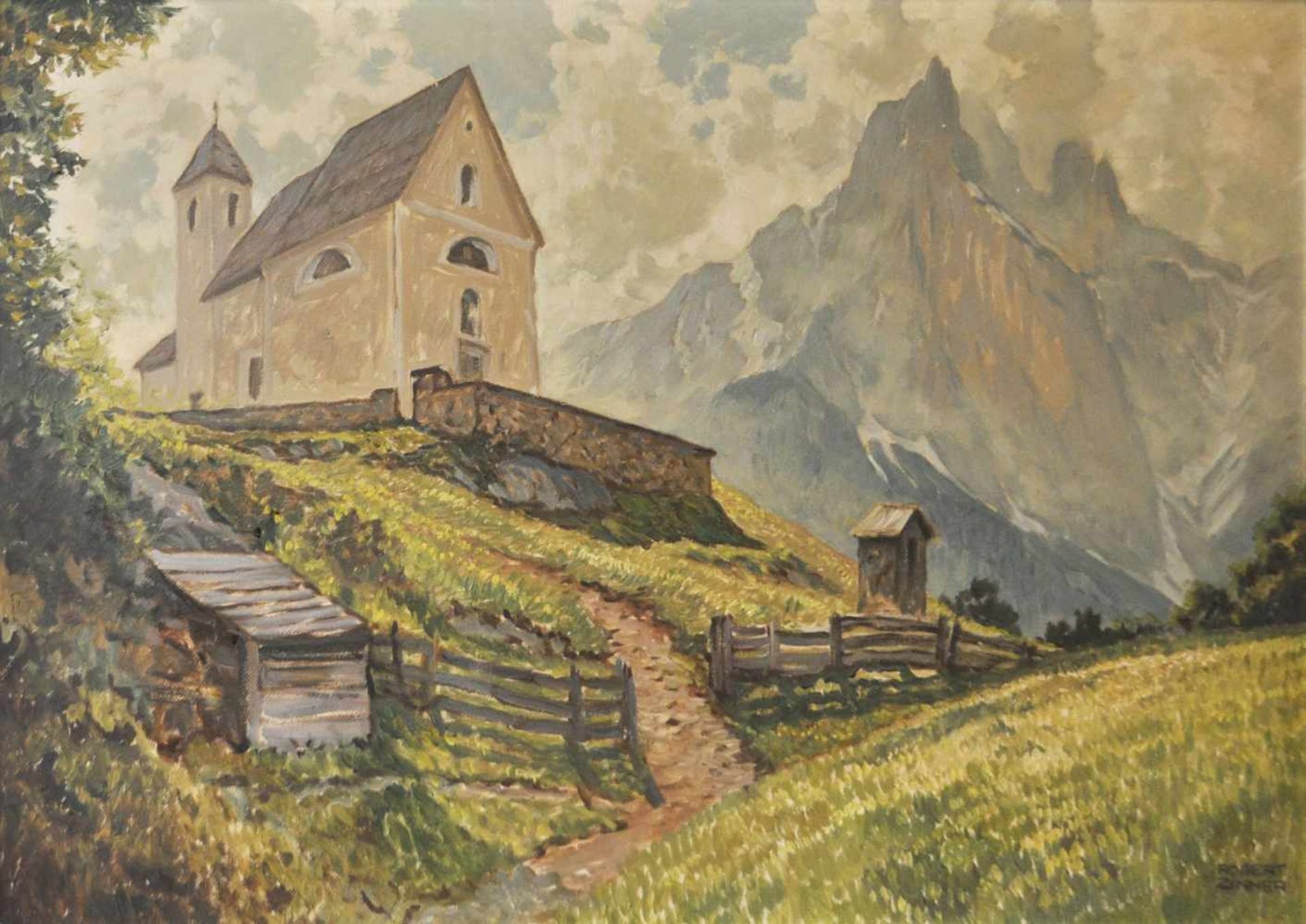 Robert Zinner (Wien/Vienna 1904  München/Monaco 1988)Kapelle auf der Seiseralm;Öl auf Karton, 64