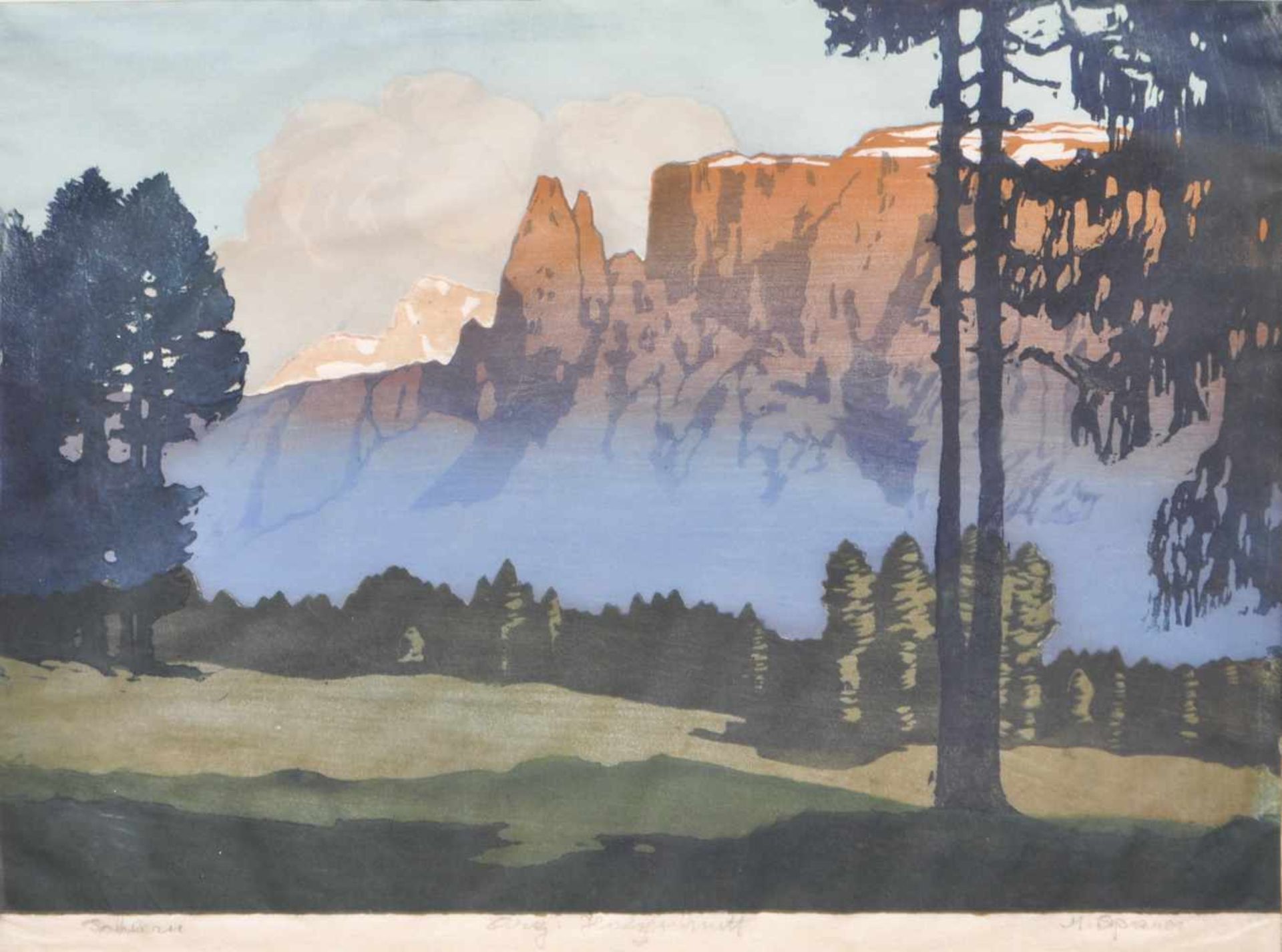 Max Sparer (Söll, Tramin/Termeno 1886  Bozen/Bolzano 1968)Schlern;Farbholzschnitt, 33,3 x 49 cm (