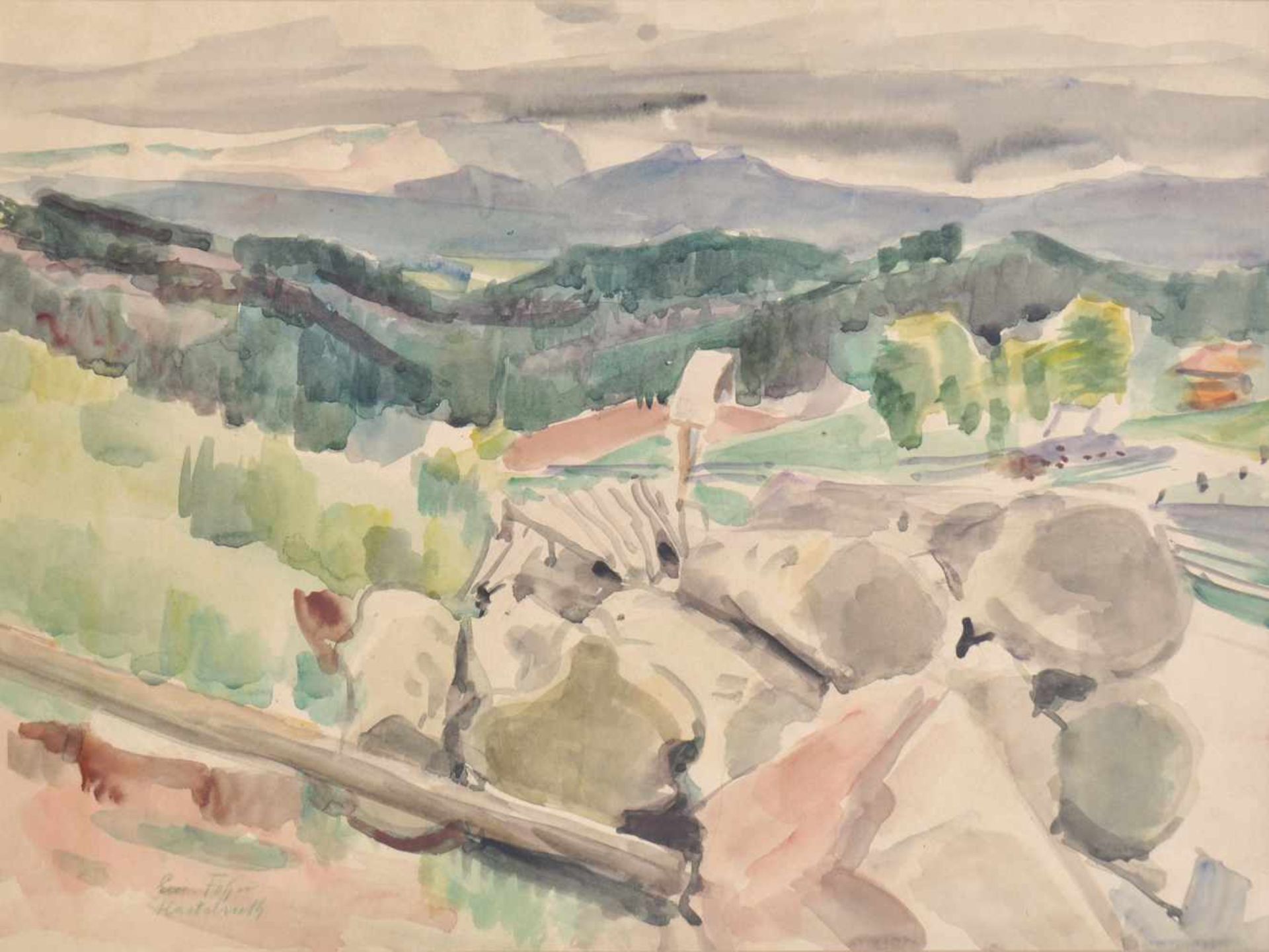 Emanuel Fohn (Klagenfurt 1881  Bozen/Bolzano 1966)Landschaft bei Kastelruth, um 1950;Aquarell, 32,5