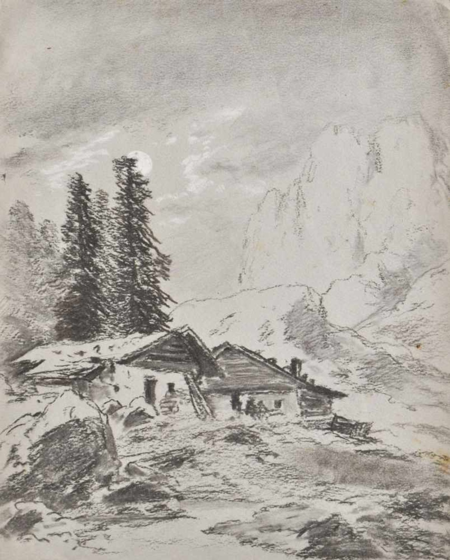 Carl Millner (Mindelheim 1825  München/Monaco di Baviera 1895)Gebirgslandschaft mit Almhütten;