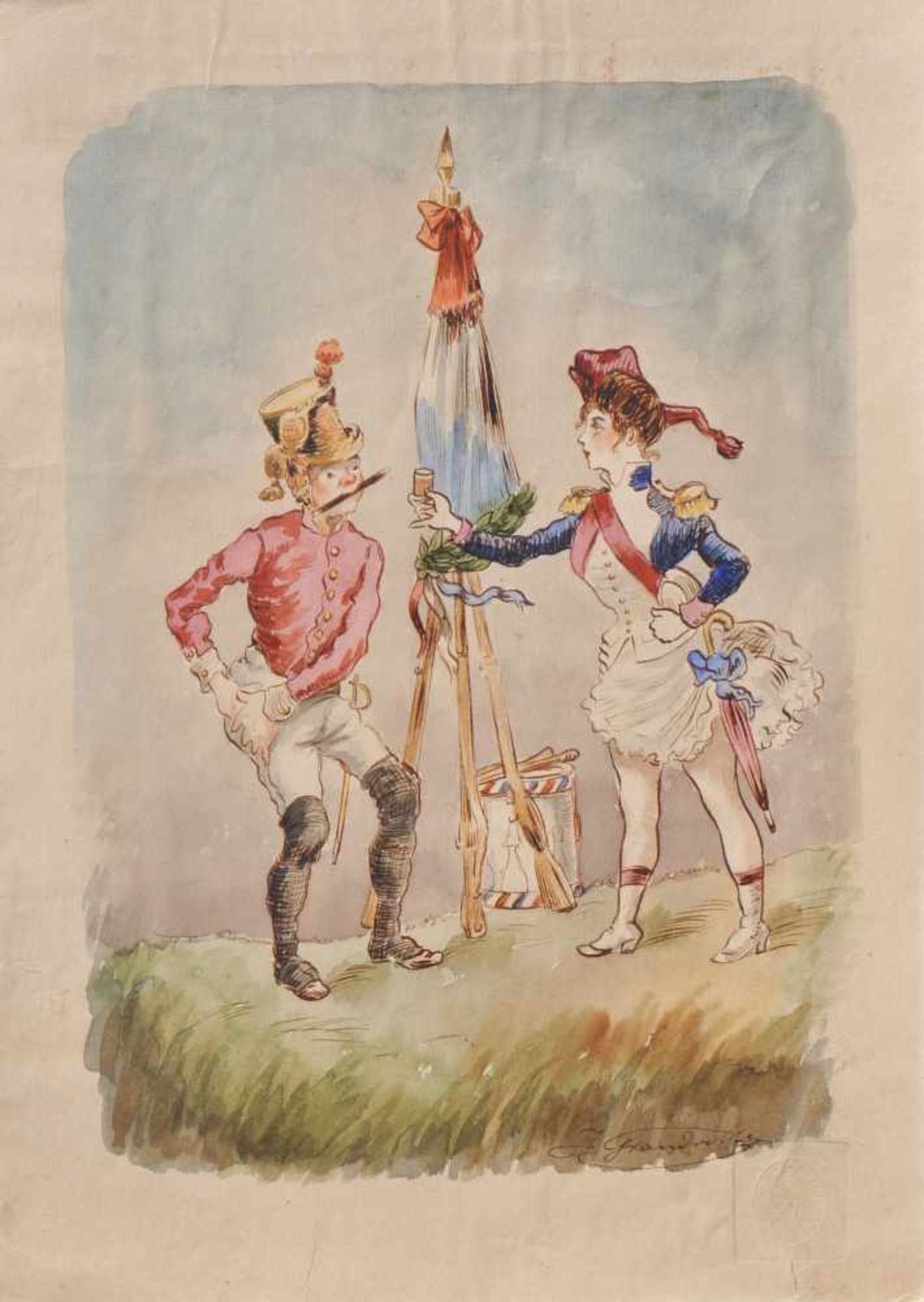 Jean Ignace Isidore Grandville (Nancy 1803  Vanves 1847)Vive la France;Tusche, Aquarell, 40,7 x