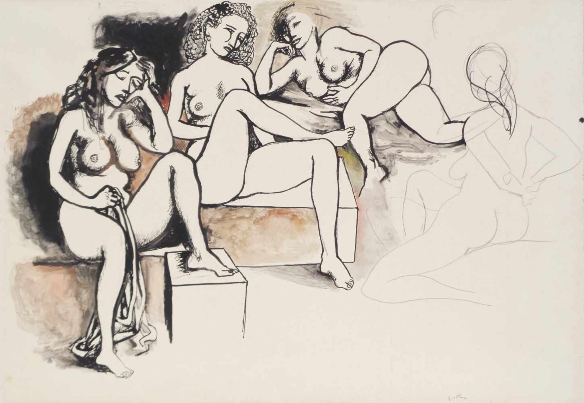 Renato Guttuso (Bagheria 1911  Roma 1987)Weibliche Akte, um 1970;Bleistift, Tusche u. Aquarell