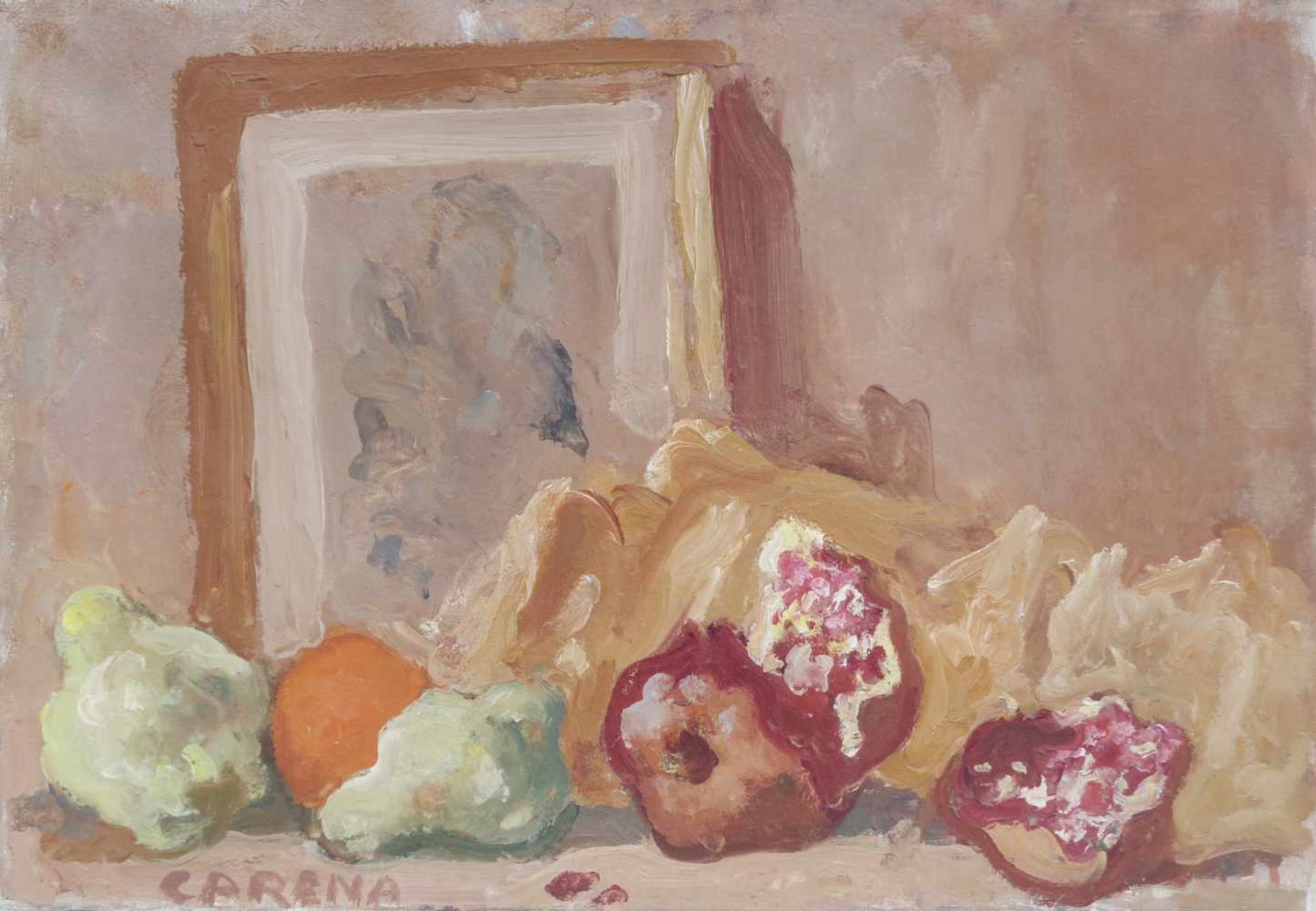 Felice Carena (Cumiana 1879  Venezia 1966)Frutta e immaginetta, 1965;Öl auf Leinwand, 35 x 50 cm,