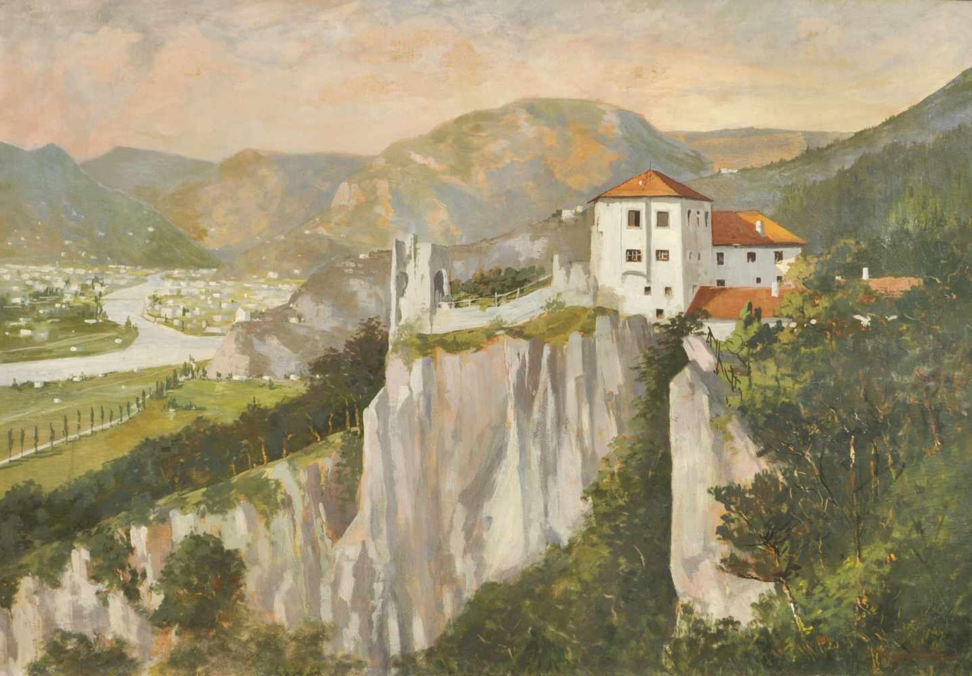 Hermann Preyer (Innsbruck 1866  1914)Die Haselburg mit Blick auf Bozen;Öl auf Karton, 67,5 x 97 cm,