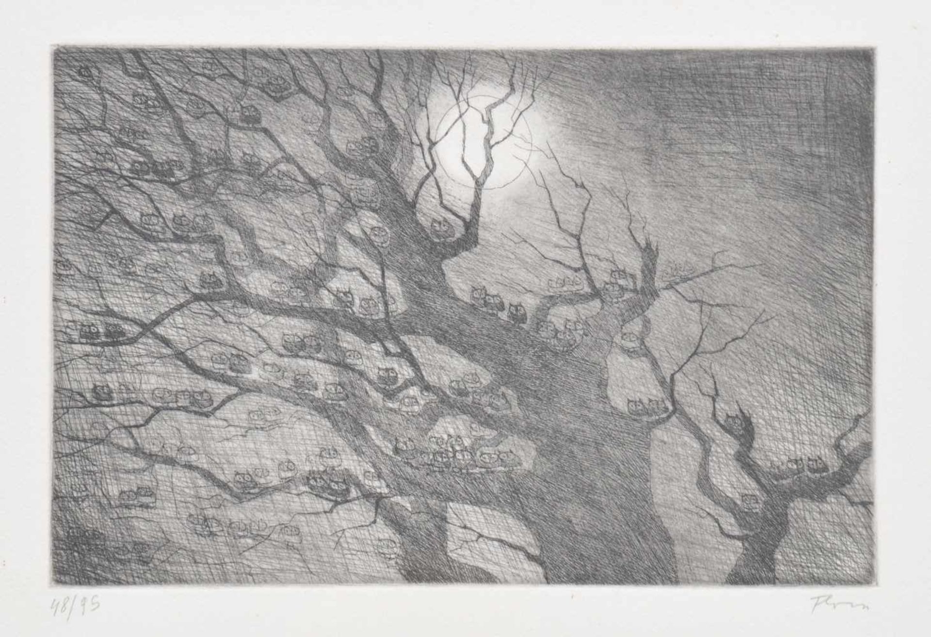 Paul Flora (Glurns/Glorenza 1922  Innsbruck 2009)Eulen im Baum;Radierung, 19,3 x 29 cm (Platte),