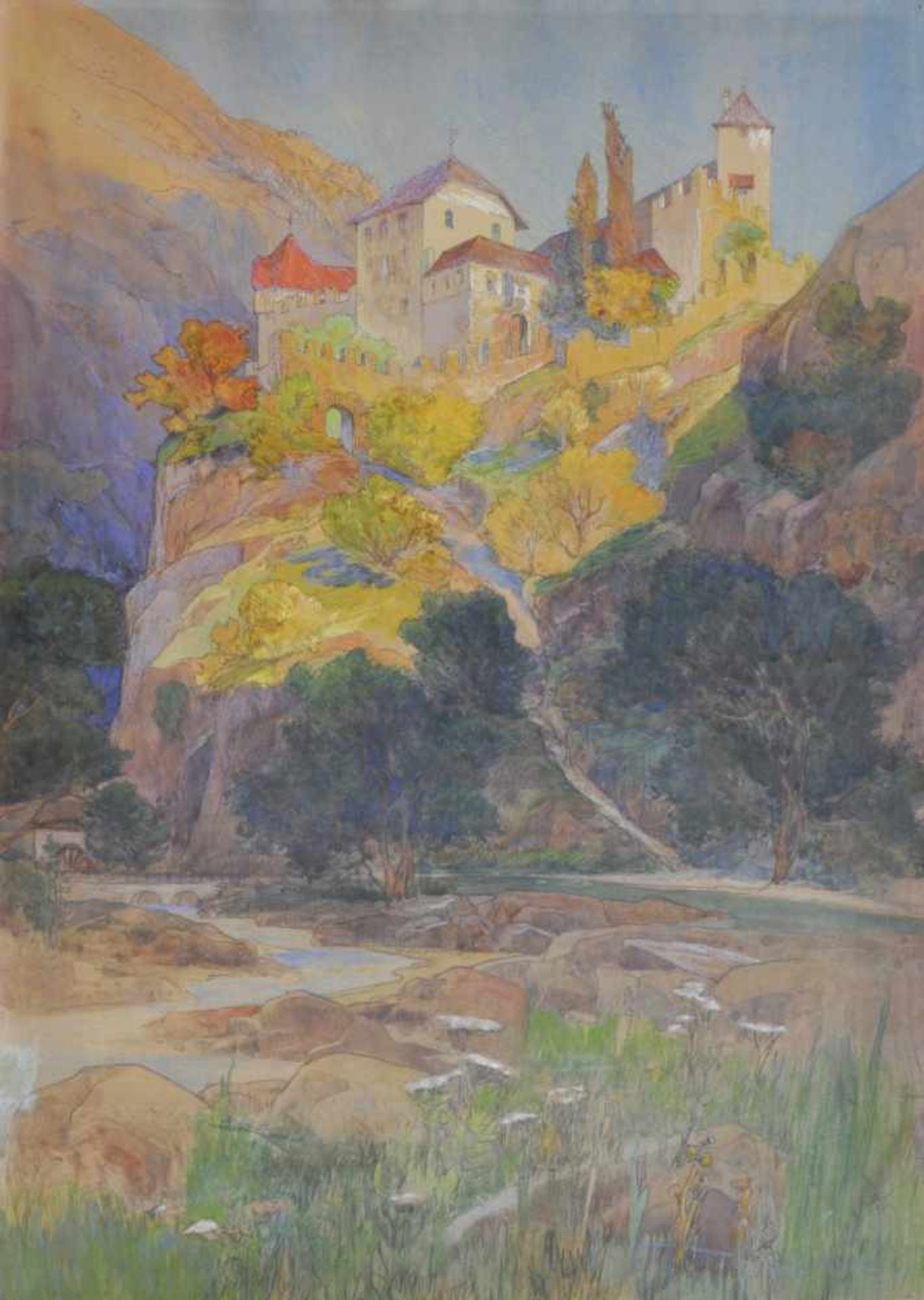 Tony Grubhofer Innsbruck 1854  1935)Schloss Runkelstein;Aquarell, Pastell, Bleistift, 71 x 51 cm,