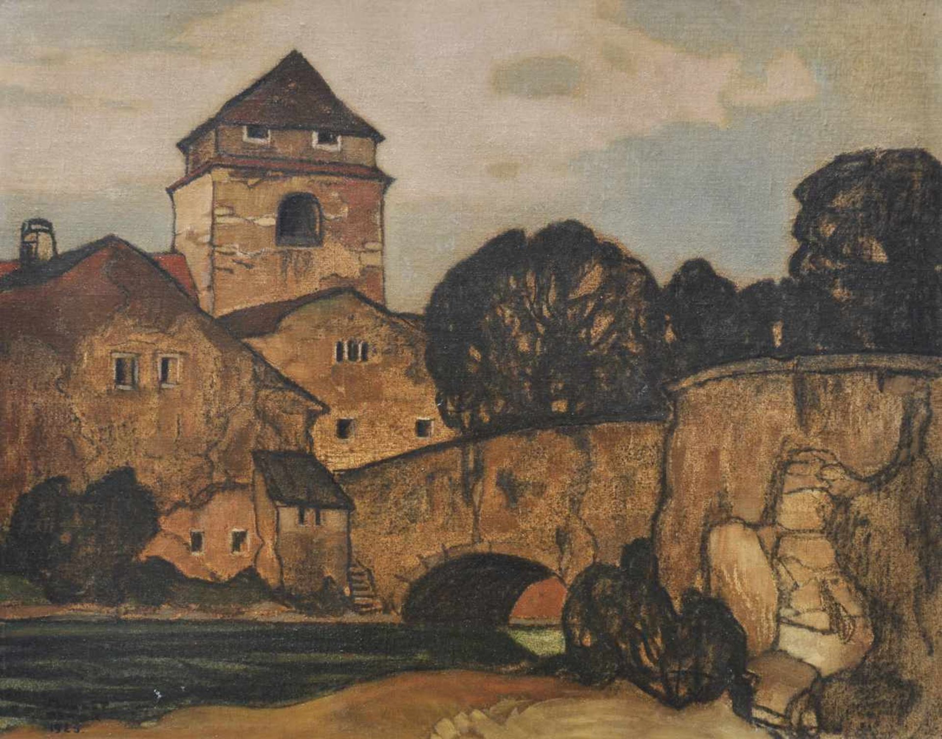 Oskar Mulley i (Trient/Trento 1886  Rom/Roma 1919)An der Brücke, 1925;Öl auf Leinwand auf Karton,