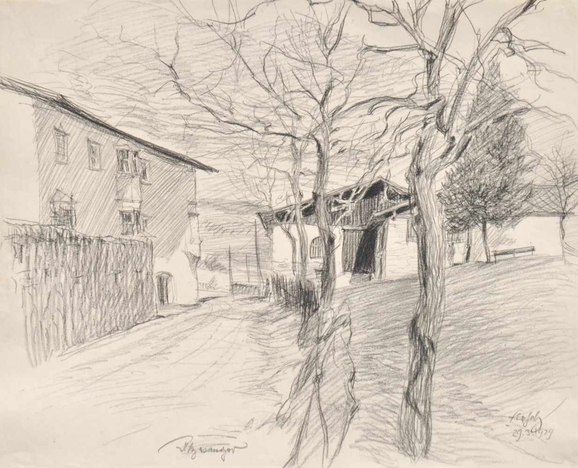 Hugo Atzwanger (Feldkirch 1883  Bozen/Bolzano 1960)Dorf in Südtirol, 1929;Bleistift, 29,5 x 36 cm