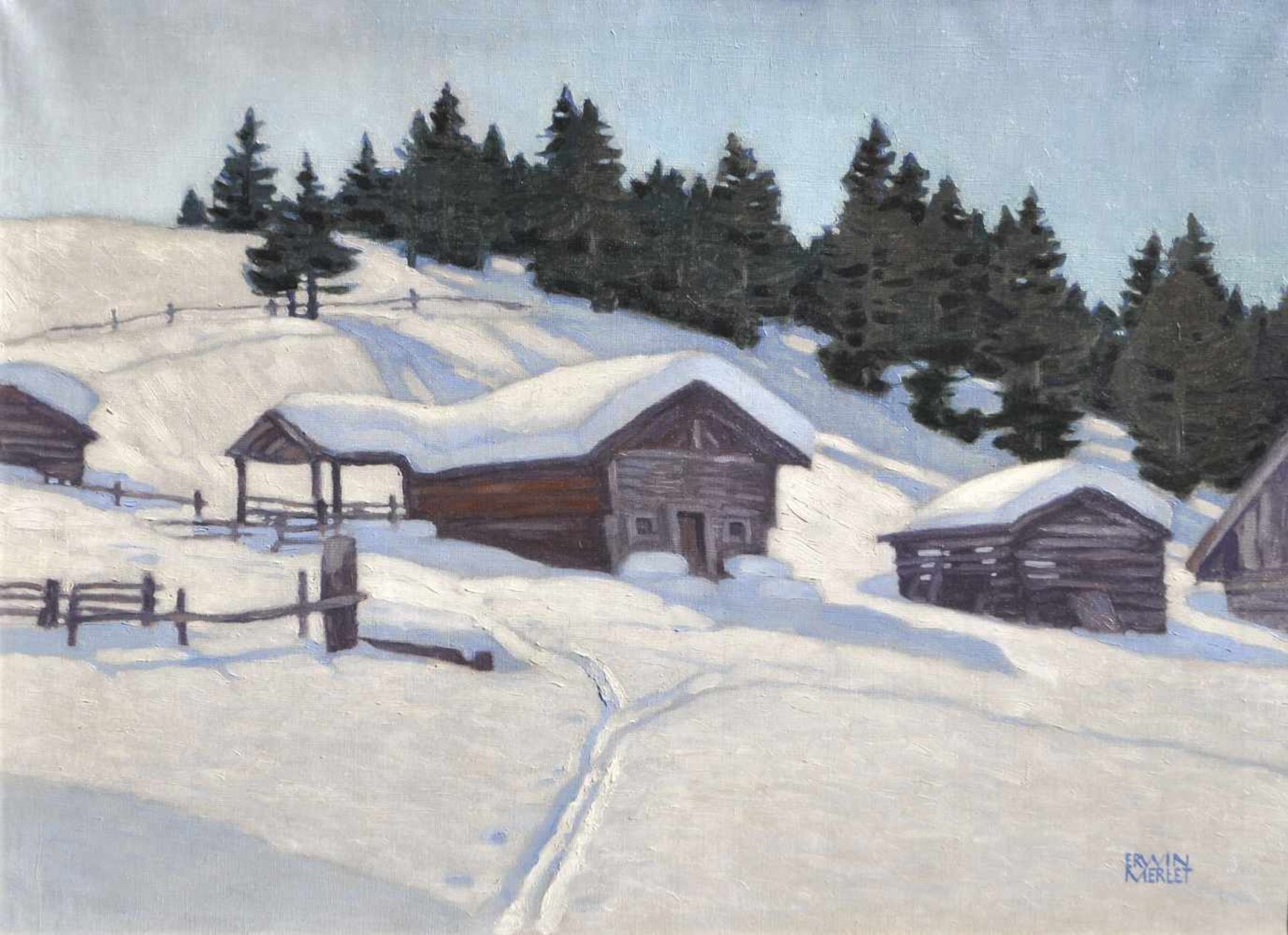 Erwin Merlet (Wien/Vienna 1886  Bozen/Bolzano 1939)Winterlandschaft mit Stadeln (wohl Hafling),