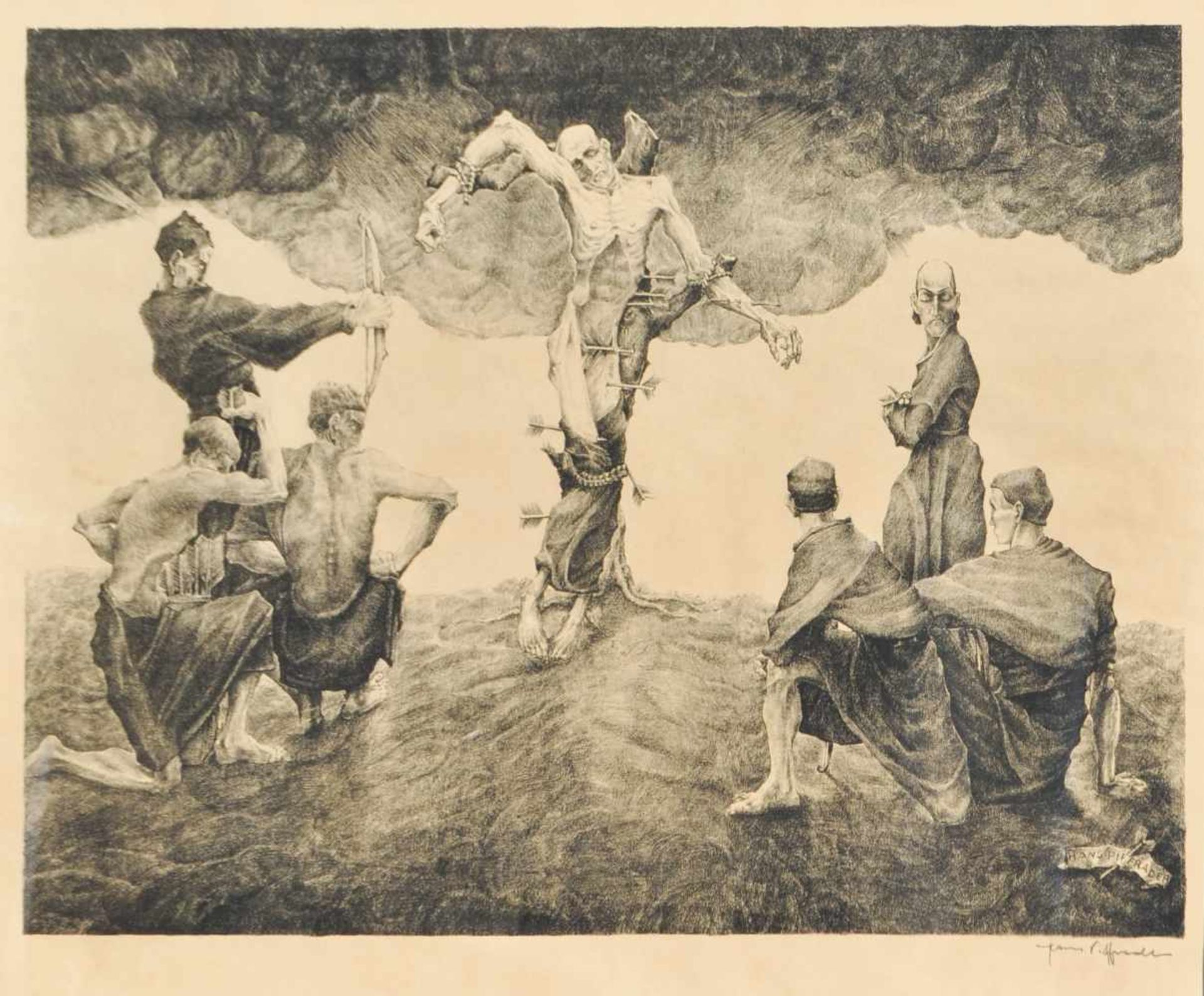 Hans Piffrader (Klausen/Chiusa 1888  Bozen/Bolzano 1950)Hl. Sebastian;Lithografie, 63 x 79 cm,