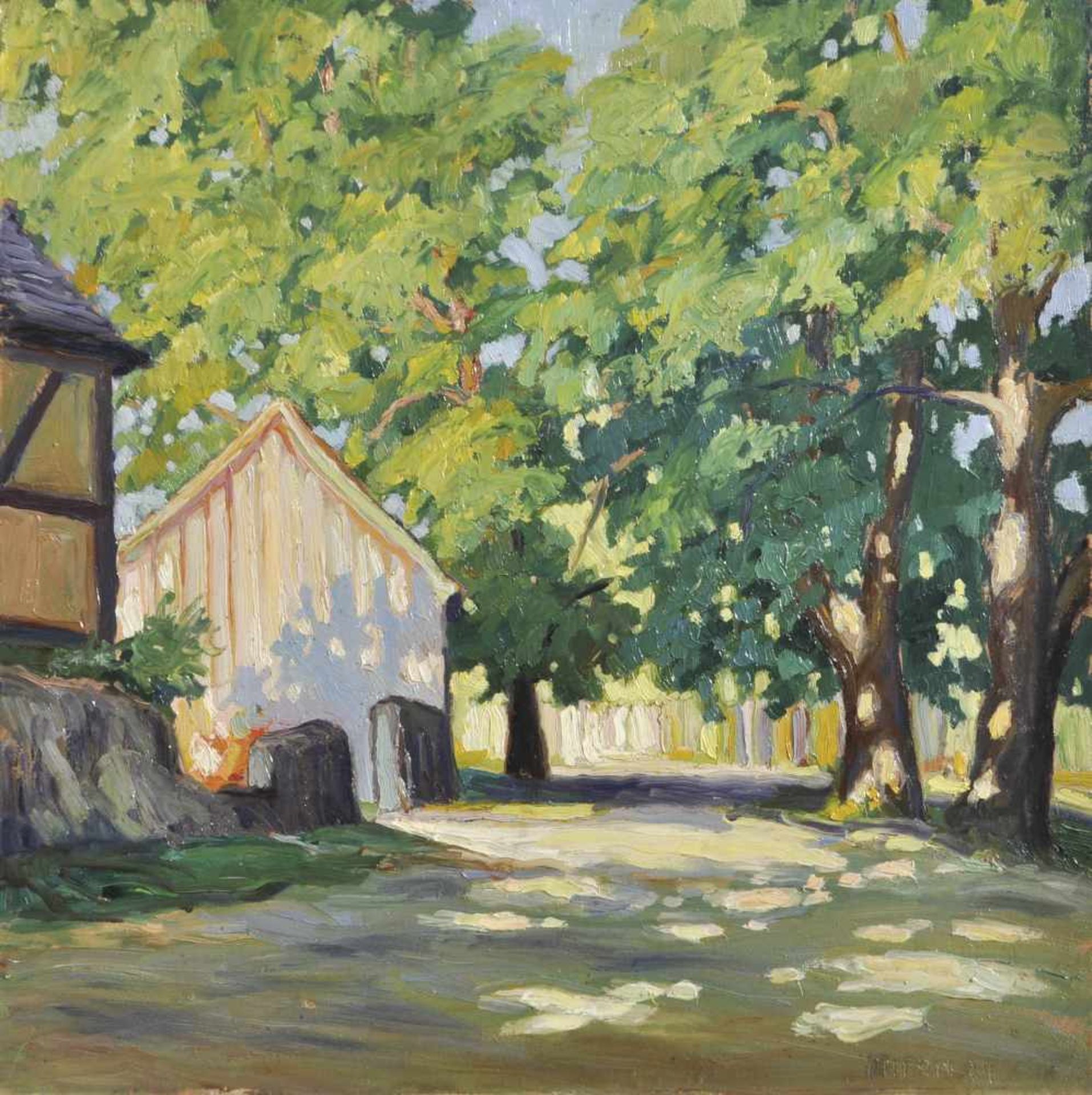 Lois Alton (Krumau 1894  Innsbruck 1972)Anwesen im Sommer, 1924; Öl auf Karton, 49,5 x 49,5 cm